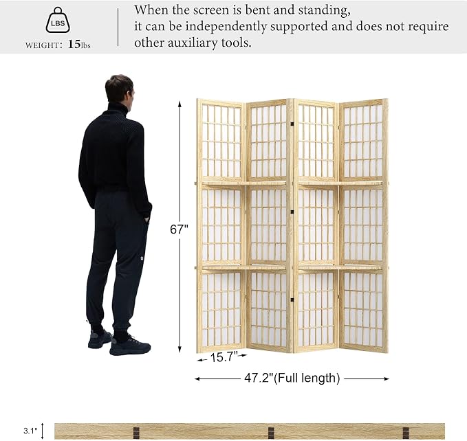 Room Divider with Shelves, 66.9-Inch Tall Japanese Shoji Style Wood Screen with - Image 6
