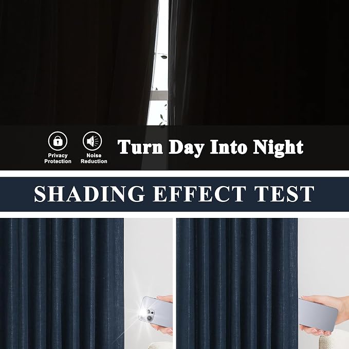 Vision Home Navy Blue Pinch Pleated Full Blackout Curtains Linen Blended Room - Image 4