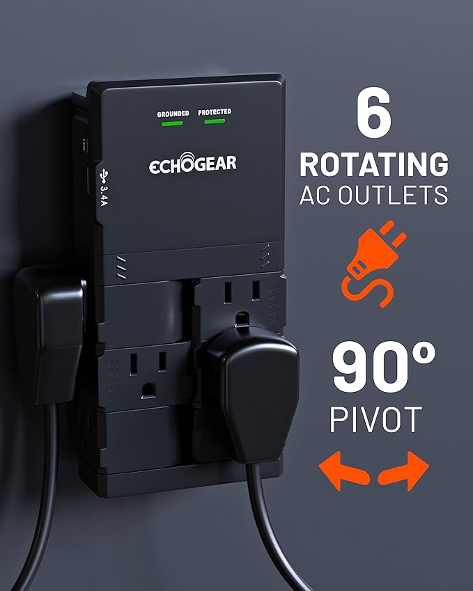 ECHOGEAR Wall Outlet with Surge Protection - Power & Protect 8 Devices with 6 Rotating AC Plugs & 2 USB Ports - Includes 1x USB-C Port & 1x USB-A Port - Black