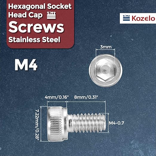 Kozelo 50pcs Socket Head Cap Screws - [M4-0.7 x 8mm] 304 Stainless Steel Allen Socket Drive for Electrical Motor 3D Printing Fan Engine Replacement Use, Silver