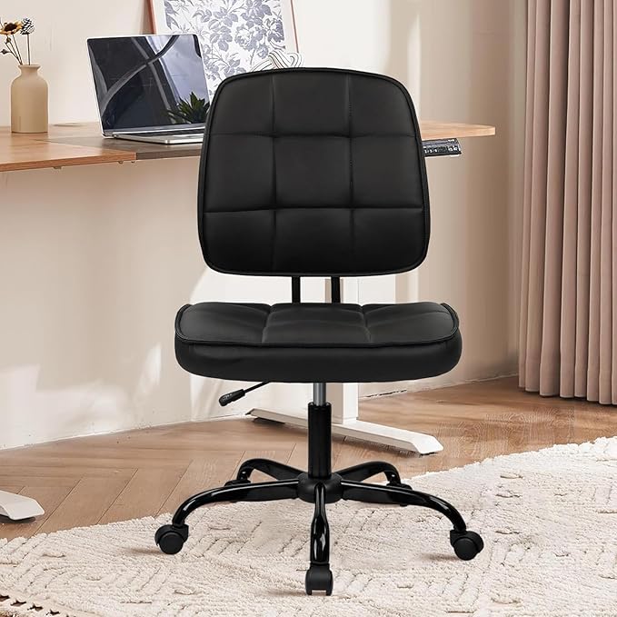 CLATINA Armless Home Office Chair with Lumbar Support and Wheels, Small PU Leather Ergonomic Low Back Desk Chairs No Arms, Adjustable Height 360° Swivel Rolling Computer Task Chair, Black, 2 Pack