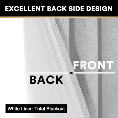 PrinceDeco 100% Blackout Linen Curtains for Bedroom Faux Linen Fabric Extra Long Curtains 96 Inches Long Room Darkening Sun Blocking Curtain with White Liner Backing,52 X 96In,Glacier Grey