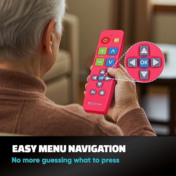 EZclicker Plus Big Button Universal TV Remote (Pink) Simple Easy to Use, Works with Major TV Brands (2xAAA Batteries Not Included)