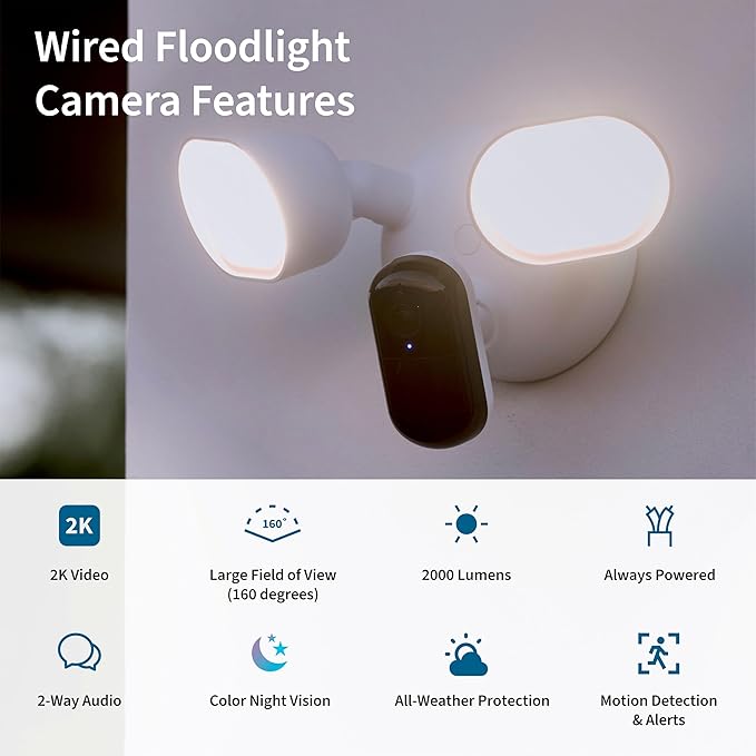 Arlo Wired Floodlight Camera, Home Security Camera with 2K Video and HDR, 2000 Lumens, Integrated Siren, Weather-Resistant, Color Night Vision, 160º Field of View, 2-Way Audio, White (2025)