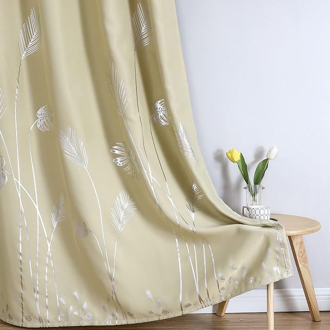Silver Palm Leaf and Wheat Pattern Beige Blackout Curtains - Image 7