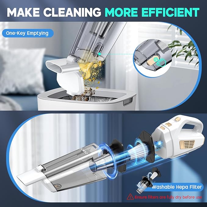 CKIKH Handheld Vacuum Cordless, 15000PA Strong Suction Hand Held Car Vacuum Cleaner Portable with Multi-Nozzles & Washable Filter, Lightweight Dust Busters Rechargeable for Home, Car, Office, Pets