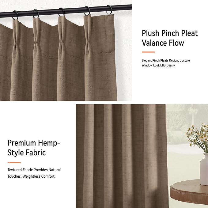 Pinch Pleated Full Blackout Faux Linen Curtains 96 Inches Long | Linen Brown - Image 8