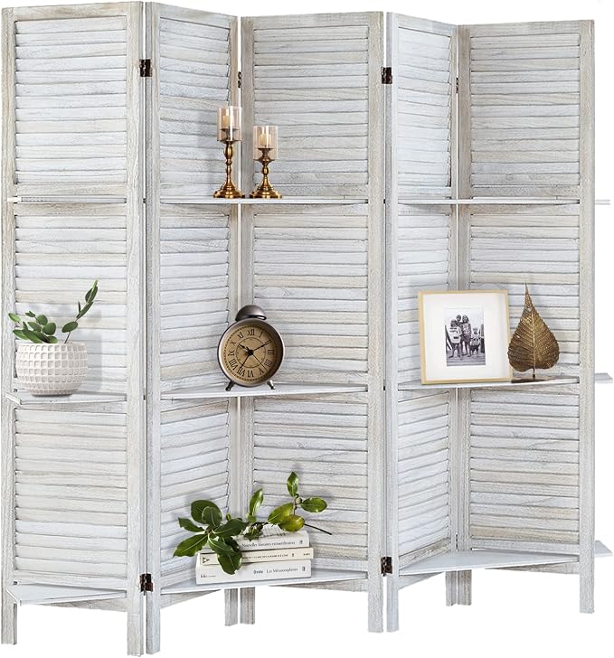 Room Divider with Shelves, 5 Panel Distressed White | Partition Room Dividers by AMBITION+LAND