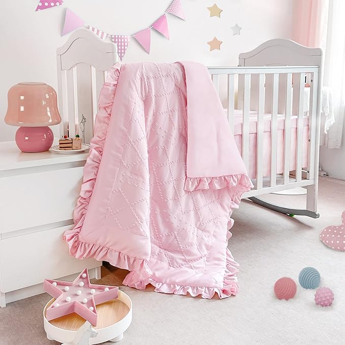 Wowelife Boho Mini Crib Bedding Set for Girls, 3 Piece Tufted Jacquard Ruffle Fringe Baby Girl Crib Bedding Set Newborn, Infant & Nursery with Comforter, Crib Fitted Sheet and Crib Skirt, Pink