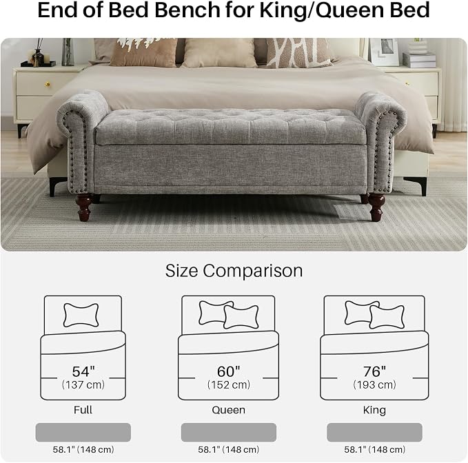 SOFTHION 58.1" Storage Bench for Bedroom, Chenille Upholstered, Light Grey | - Image 5