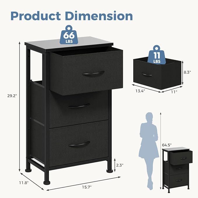 DUMOS 3 Drawer Nightstand for Bedroom, Small Night Stand Chest of Drawers | - Image 3