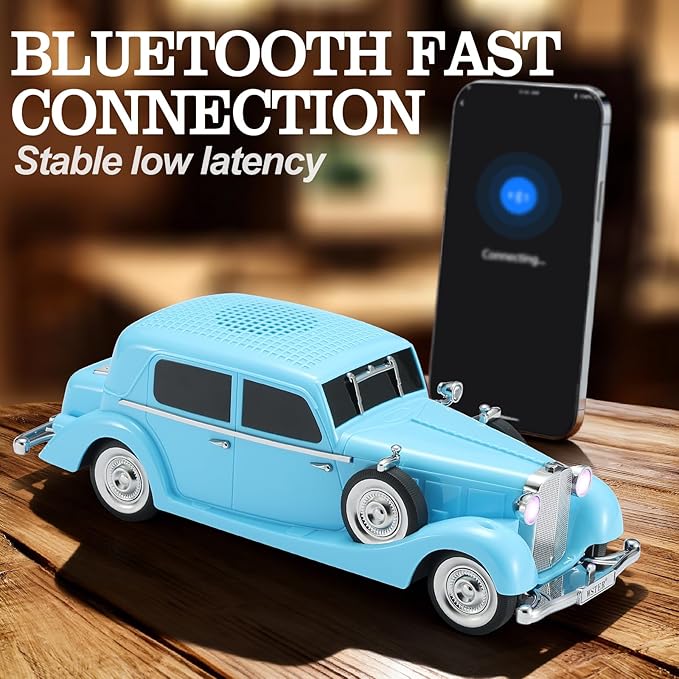 WSTER Vintage Car Bluetooth Speaker, Retro Classic Model with Powerful Sound, Built-in Mic, TWS Dual Pairing, Multi-Interface Output, Portable Wireless Outdoor Speaker for Parties & Beach (Blue)