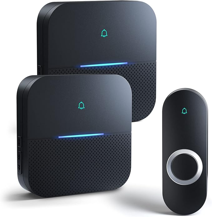 AIDA Lighted Wireless Doorbell for Home, Waterproof Battery Doorbell Wireless 1,000ft Range, 5 Volume Levels with 58 Chimes & LED Flash on Receiver (Black, 1 transmitter & 2 Receiver)