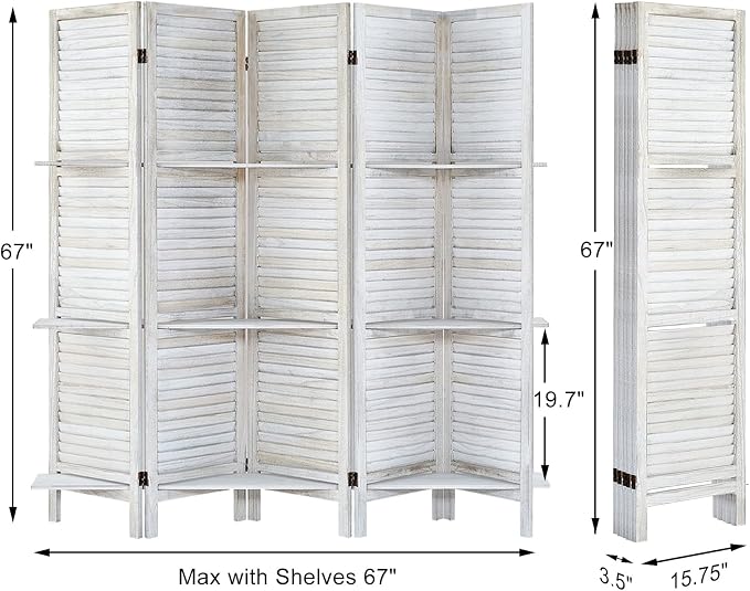 Room Divider with Shelves, 5 Panel Distressed White | Partition Room Dividers - Image 2