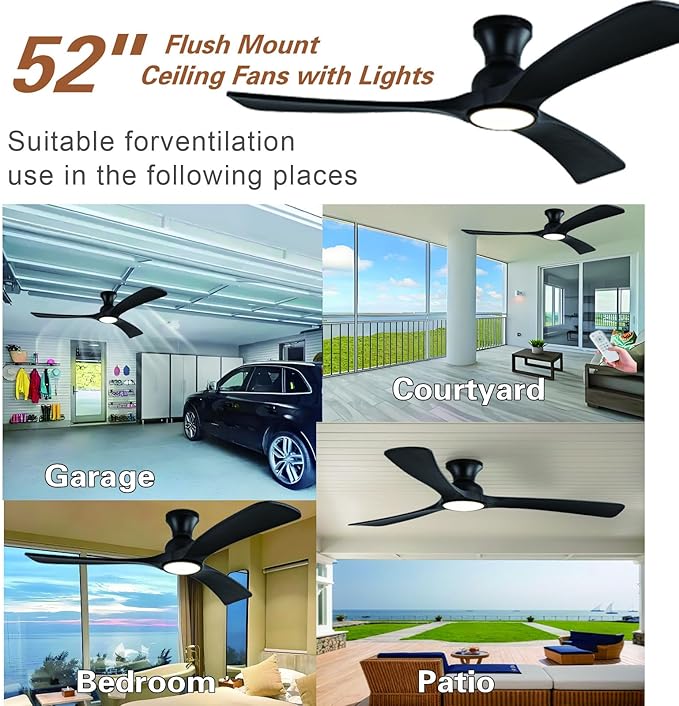 Gaizw Black Ceiing Fans with lights and Remote Control,52 Inch Modern Wooden Fan,Quiet Reversible Motor,Flush Mount Ceiling Fan with Light, Fandelier For Ventilation in Kid's Rooms,Bedroom,Farmhouse