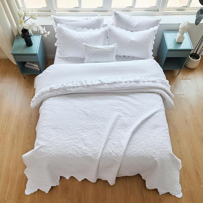 Brandream White Quilt Set King Size Quilt Bedding Set Cotton Luxury Matelasse - Image 4