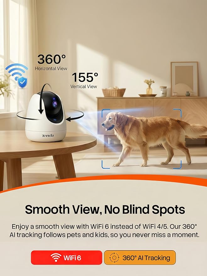 Tenda CP3 Pro 2K Indoor Security Camera with WiFi 6 & AI Baby/Pet Detection – Baby Monitor, Pet Camera for Home, One-Touch Calling, Night Vision, Military-Grade Encryption, No Subscription Needed