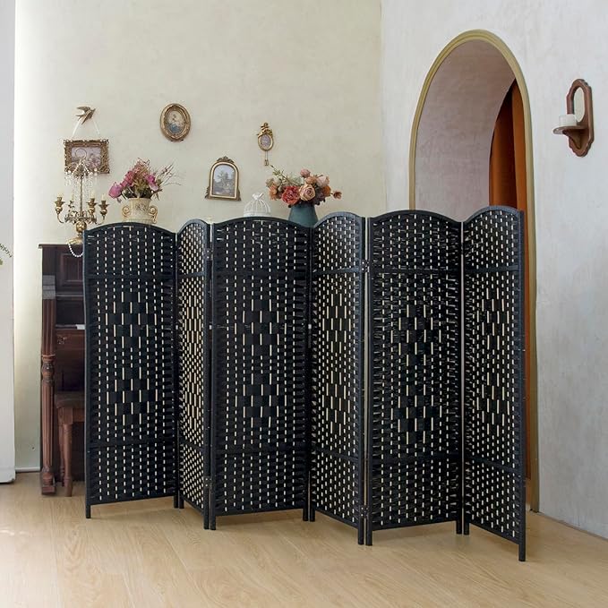Compact 6 Panel Short Room Divider, 47.2 Inch Tall Double-Sided Rattan Folding by PawlaBay