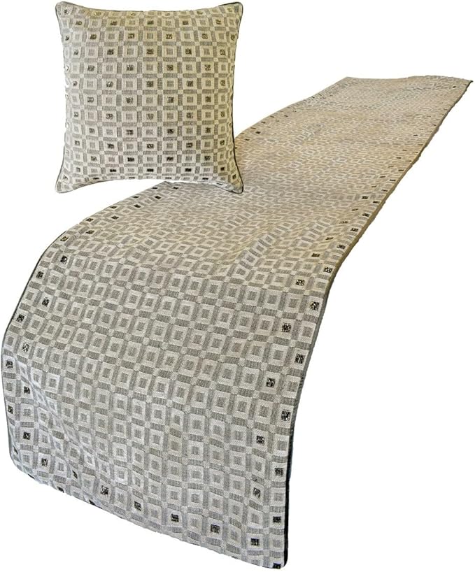 The HomeCentric King/Queen/Twin Grey Decorative King 90"x18" Bed Runner with 2 Pillow Cover, Checkered, Beaded, Hand Embroidery Bed Scarf on Velvet Fabric - The Brick Effect
