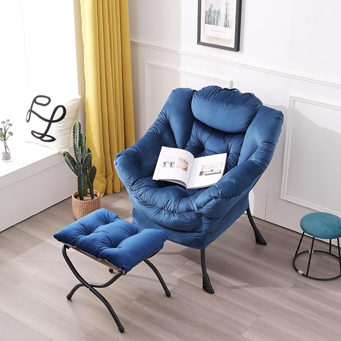Lazy Chair with Ottoman, Comfy Accent Reading Chair, Velvet RoyalBlue | - Image 7