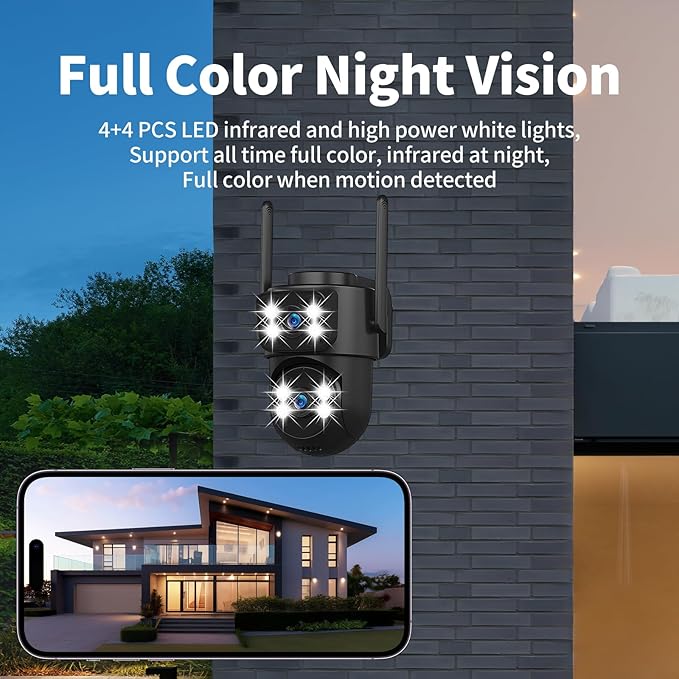dzcctvipc 2K Dual-Lens WiFi Home Security Camera, Indoor/Outdoor Use, 360° Motion Tracking, Color Night Vision, IP65 Weatherproof, Two-Way Talk, Smart Camera, Works with Alexa & Google (No SD Card)