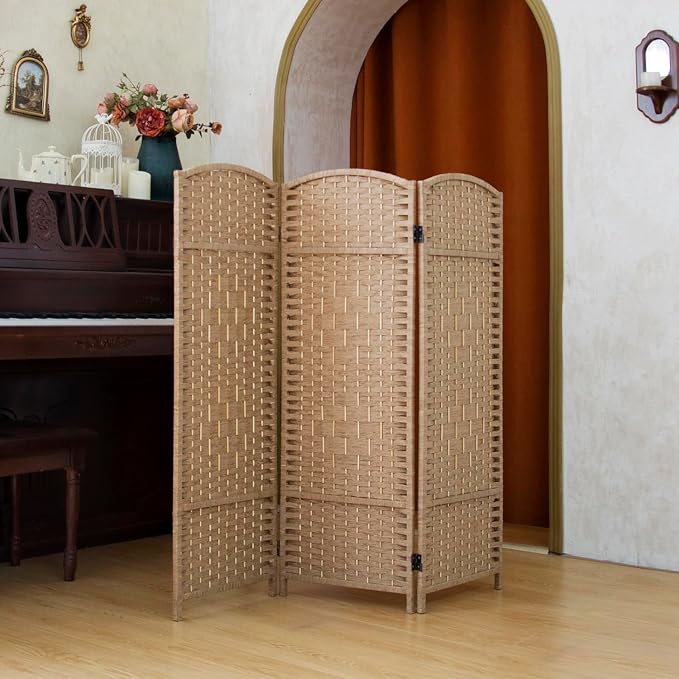 Compact 3 Panel Short Room Divider, 47.2 Inch Tall Double-Sided Rattan Folding - Image 5