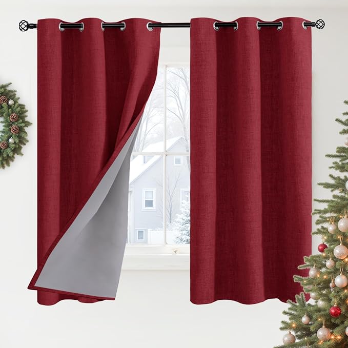 YoungsTex Burgundy Linen Blackout Curtains 40 Inches Long, Short Thermal by YoungsTex
