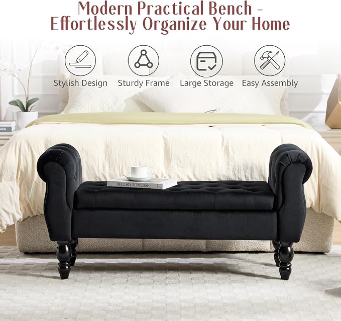 47.6" Storage Bench for End of Bed Bedroom, Velvet Ottoman Bench - Image 6