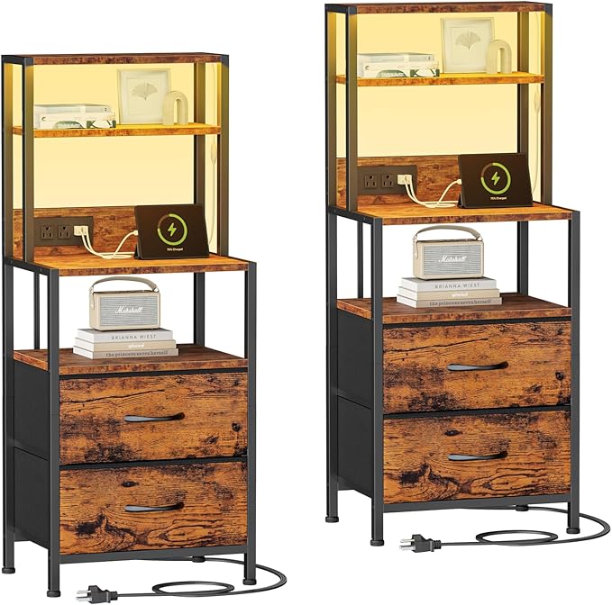 Nightstands Set of 2 with Charger Station, 39.4"Tall Bedside Table | RGB LED by Furnulem