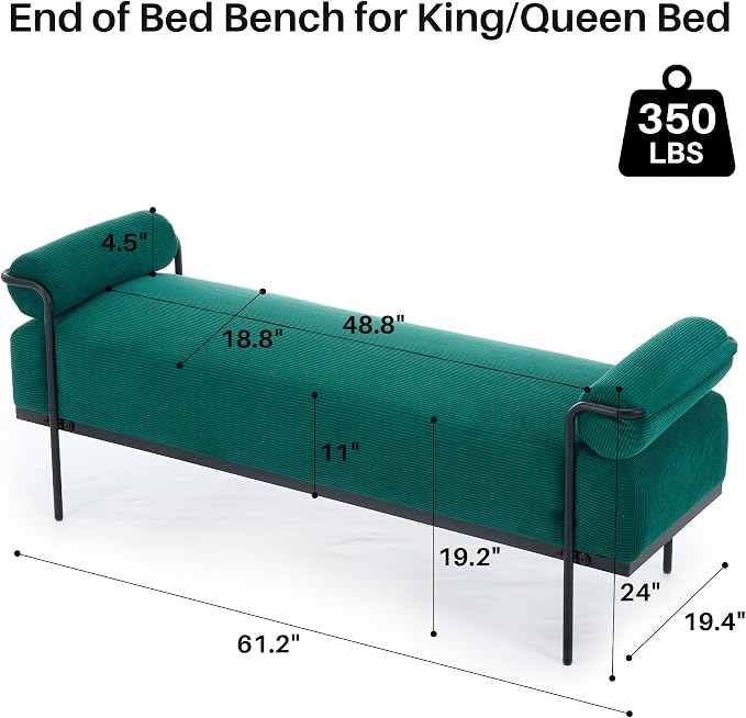 SOFTHION 61.2" End of Bed Bench, Corduroy Upholstered Entryway Bench, Footrest - Image 2
