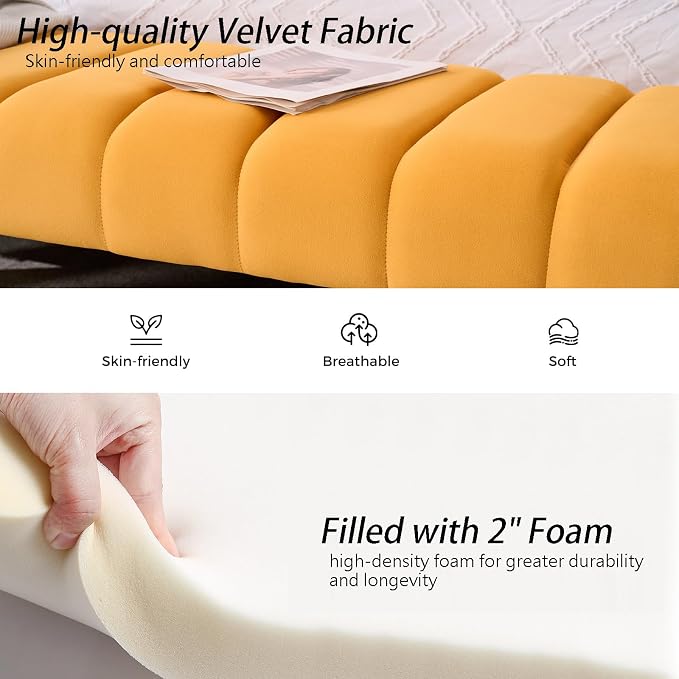 59" Velvet Bench for Bedroom King Size Bed Window End of Bed, Mustard Yellow | - Image 7
