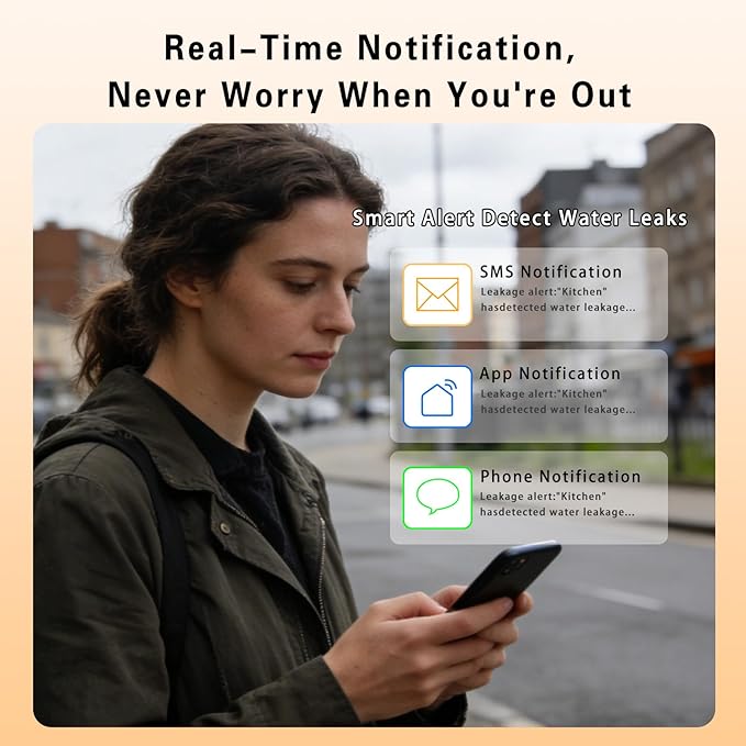 Virtue Sensor Water Alarm Leak Detector, Water Leak Detector with Cable, 100dB Adjustable Sound Alarm & Real-Time App Alerts WiFi Water Sensor for Home, Kitchen, Bathroom, Warehouse