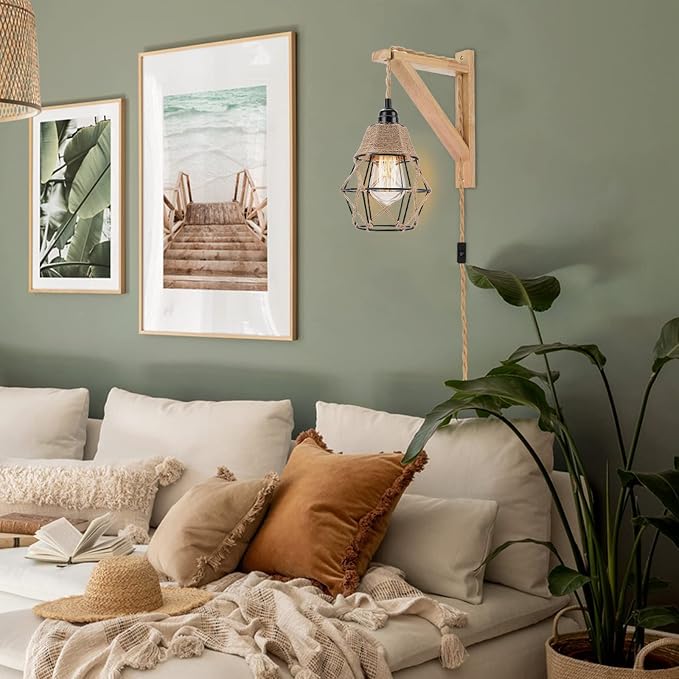 Frideko Plug in Wall Sconce Set of Two, Boho Farmhouse Hanging Wall Lamp - Image 7
