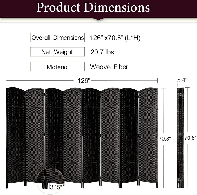RHF Room Divider Panel, Partition Room Dividers, 8Panel Privacy Screen - Image 3