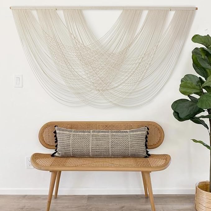 Macrame Wall Hanging Boho Wall Decor Ivory Fiber Handmade Large 57"W*31"L | - Image 2