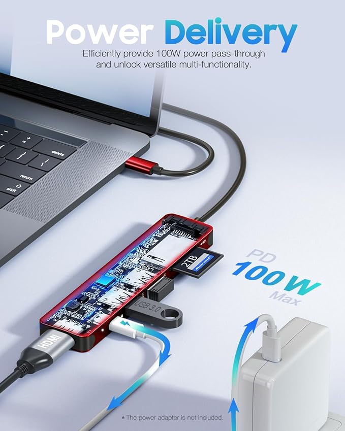 Hiearcool USB C Hub, USB-C to HDMI Multi-Port Adapter for MacBook Pro/Air, 7-in-1 USBC Dongle with 4K HDMI 100W Power Delivery SD/TF Card Reader Type-C Dock for Dell HP Lenovo Laptops-Dark Red