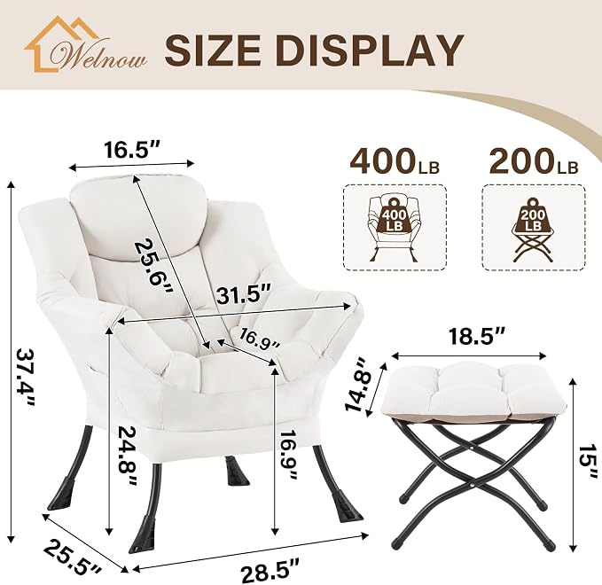 Welnow Lazy Chair with Ottoman, Reading Chair with Footrest, Foldable Footrest - Image 3