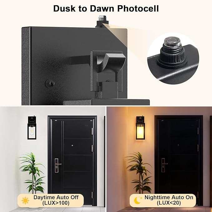 LTBLIGHT 2-Pack Dusk to Dawn Outdoor Wall Lights, Modern Black Sensor Porch Light Fixtures, Waterproof Exterior Lighting for House, Garage, Patio, Front Door, 100-120Vac