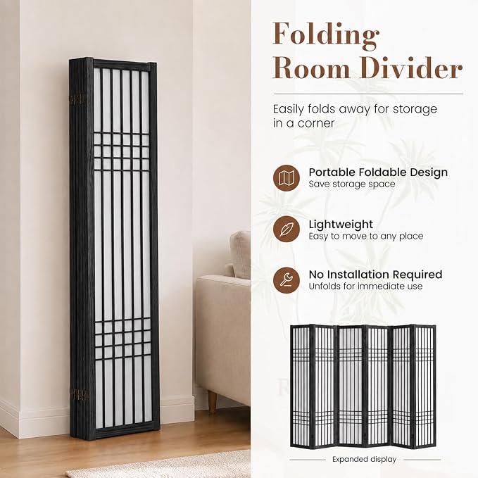 6 Panel Room Divider, 66.9" Tall Folding Privacy Screen, Pine Wood Frame Design - Image 6