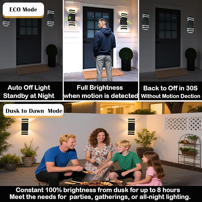 iYogaled Motion Sensor Outdoor Wall Lights with 3 Lighting Modes, Dusk to Dawn Porch Light with Bulbs Include, IP65 Waterproof Modern Black Wall Sconce for Patio, Garage, Front Door