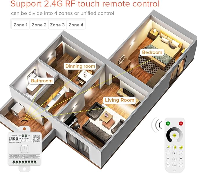 BTF-LIGHTING SP530E WiFi Alexa Bluetooth Controller 4 Zones 2.4GHz Dimming RF RB1 Remote Kit Support FCOB COB SMD PWM or SPI Single Color LED Strip WS2811 IC etc DC5V DC12V DC24V