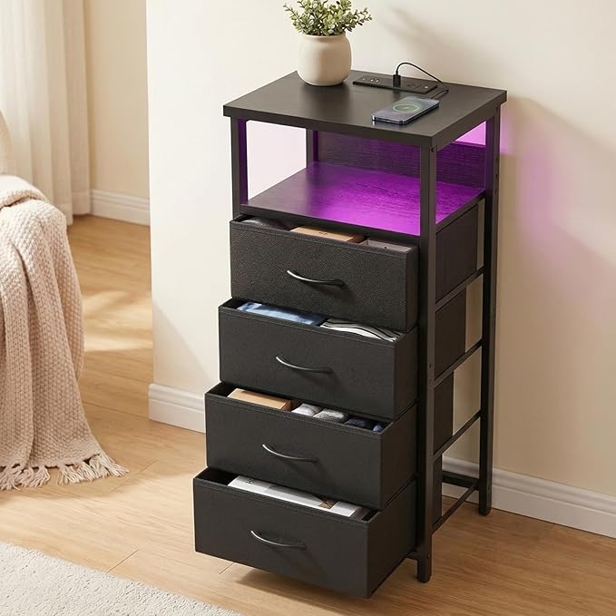 Fixwal Night Stand with Charging Station, 4 Drawers | fabric drawer, built-in - Image 7