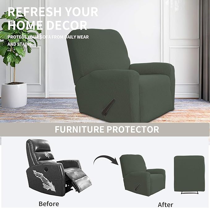 Easy-Going Recliner Stretch Sofa Slipcover Sofa Cover 4-Pieces Furniture Protector Couch Soft with Elastic Bottom Kids Spandex Jacquard Fabric Small Checks(Recliner,Olive Green,Large)