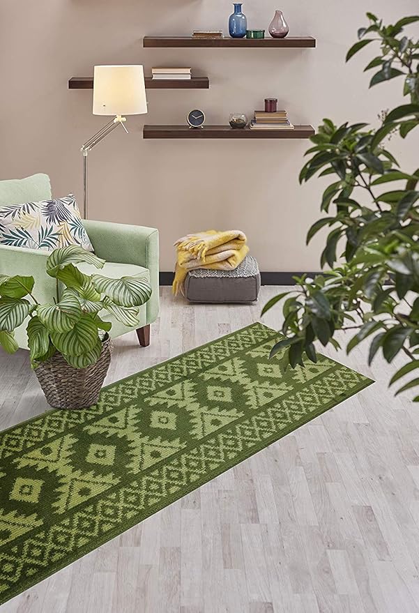 Custom Length Hallway Runner Rug,Slip Resistant,Southwestern Green, 26 Inch X 23 feet, Sold and Priced Per Foot