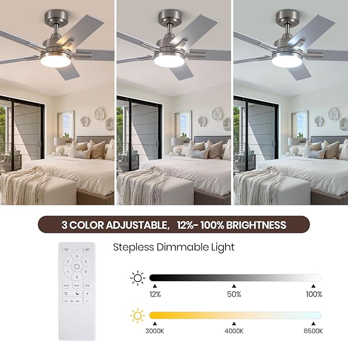 SODSEA Ceiling Fans with Lights, 42 Inch Nickel Ceiling Fan with Light and Remote Control, Reversible, 3CCT, Dimmable, Noiseless, Small Ceiling Fan for Bedroom, Indoor/Outdoor Use