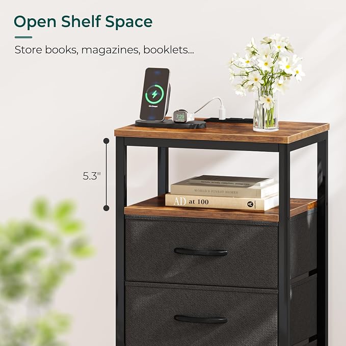Huuger Nightstand with Charging Station, 27.6 Inch Bedside Table, Side Table | - Image 3