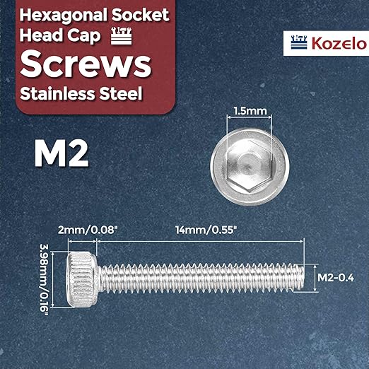 Kozelo 50pcs Socket Head Cap Screws - [M2-0.4 x 14mm] 304 Stainless Steel Allen Socket Drive for Electrical Motor 3D Printing Fan Engine Replacement Use, Silver