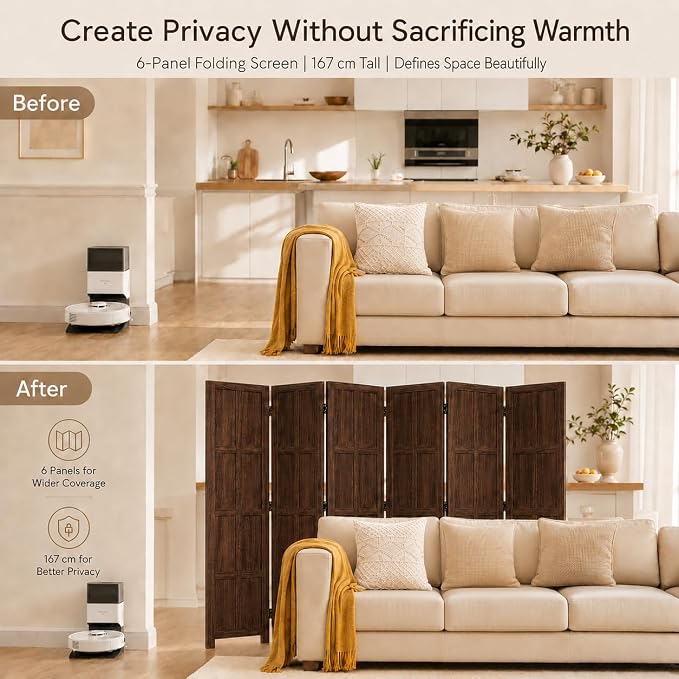 6 Panel Solid Wood Room Divider Folding Privacy Screen Brown | Freestanding - Image 5