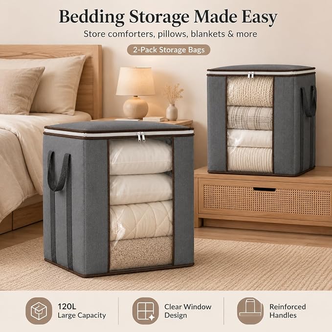Comforter Storage Bags 120L for Blanket Clothes Bedding Sheet 2 Pack Grey | - Image 6