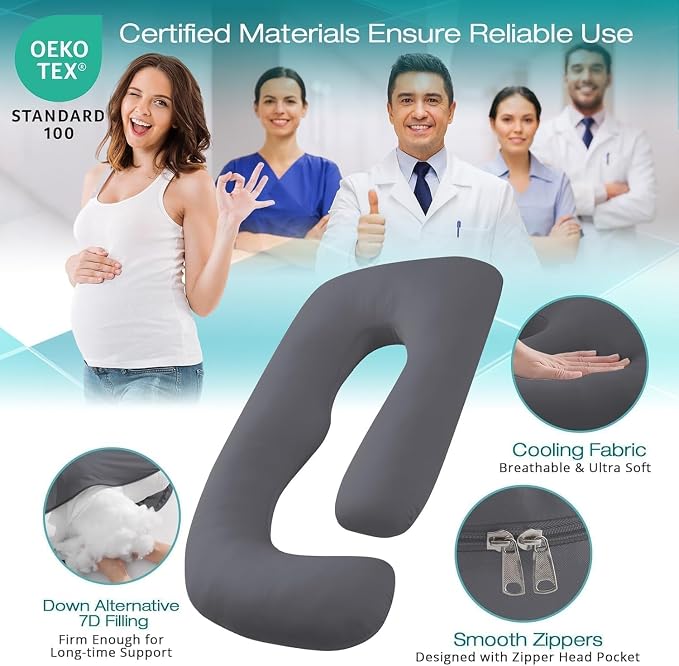 Cooling Pregnancy Pillows for Sleeping, Dark Grey | Sasttie Maternity Pillow - Image 3